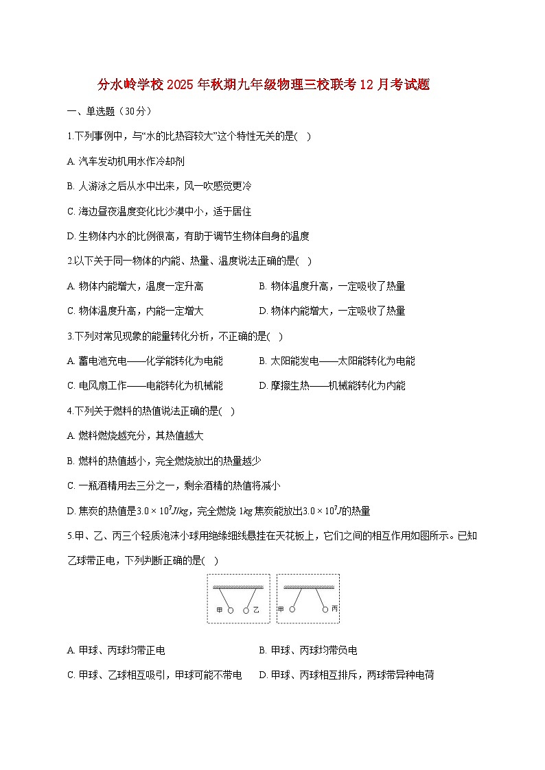 四川省泸州市江阳区分水岭学校等三校联考2025—2026学年九年级上册12月月考物理试题【附答案】第1页