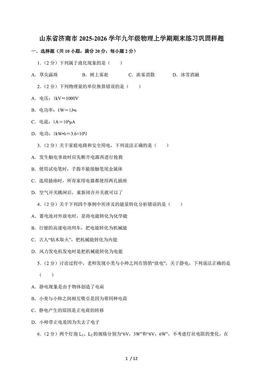 山东省济南市2026届九年级上册期末练习巩固样题物理试卷（含答案）第1页