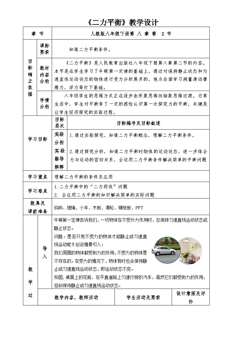 人教版（2024）初中物理八年级下册 8.2 二力平衡 教学设计第1页
