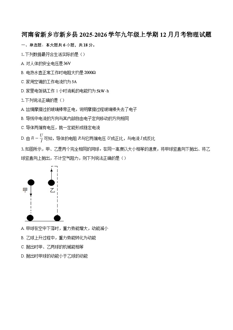河南省新乡市新乡县2025-2026学年九年级上学期12月月考物理试题-自定义类型第1页