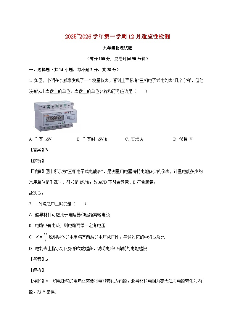福建省福州屏东中学2025-2026学年九年级上学期12月适应性检测物理试题（附解析）第1页