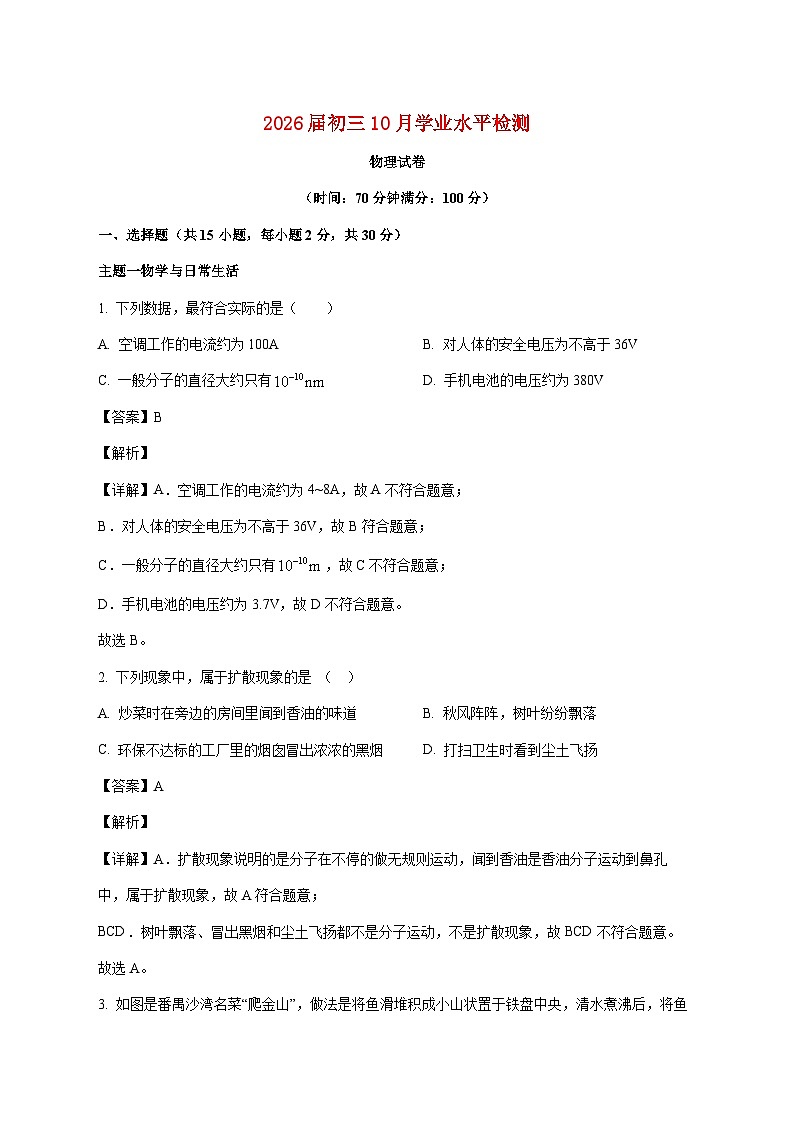 广东省深圳市龙岗区百合外国语学校2025-2026学年九年级上学期10月月考物理试题（附解析）第1页