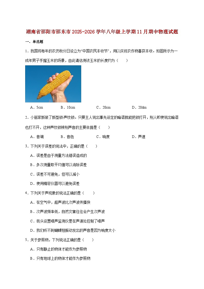 湖南省邵阳市邵东市2025-2026学年八年级上学期11月期中考试物理试题（附答案）第1页