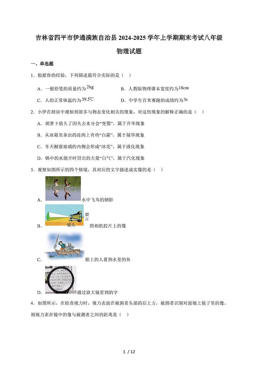 吉林省四平市伊通满族自治县2024-2025学年八年级上册期末考试物理试卷（含答案）第1页