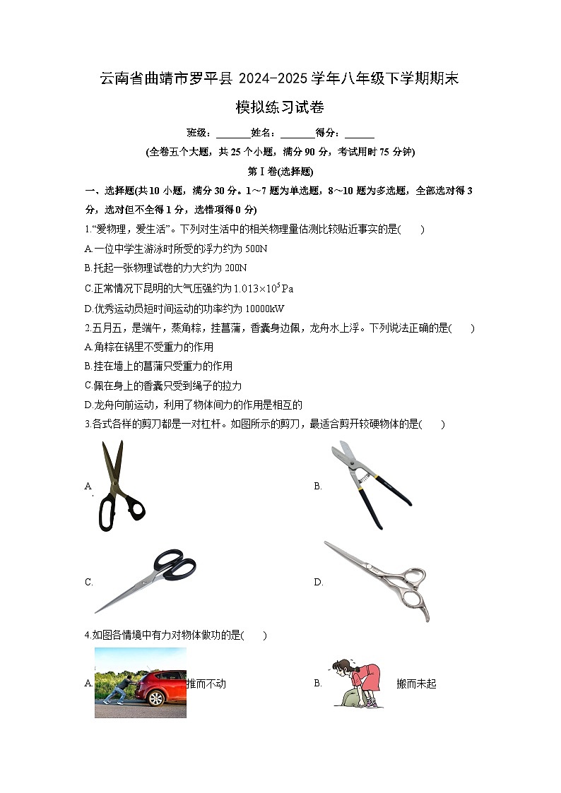 2024-2025学年云南省曲靖市罗平县八年级下学期期末模拟练习物理试卷（学生版）第1页