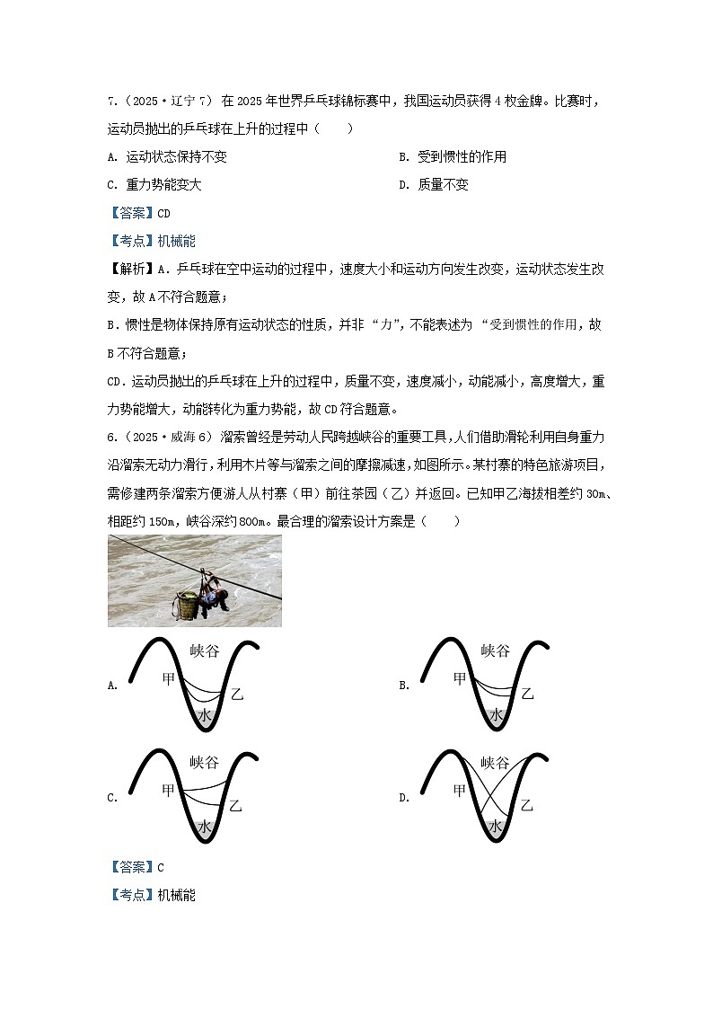 2025年各省市中考物理试卷分类汇编考点13机械能（Word版附解析）第1页