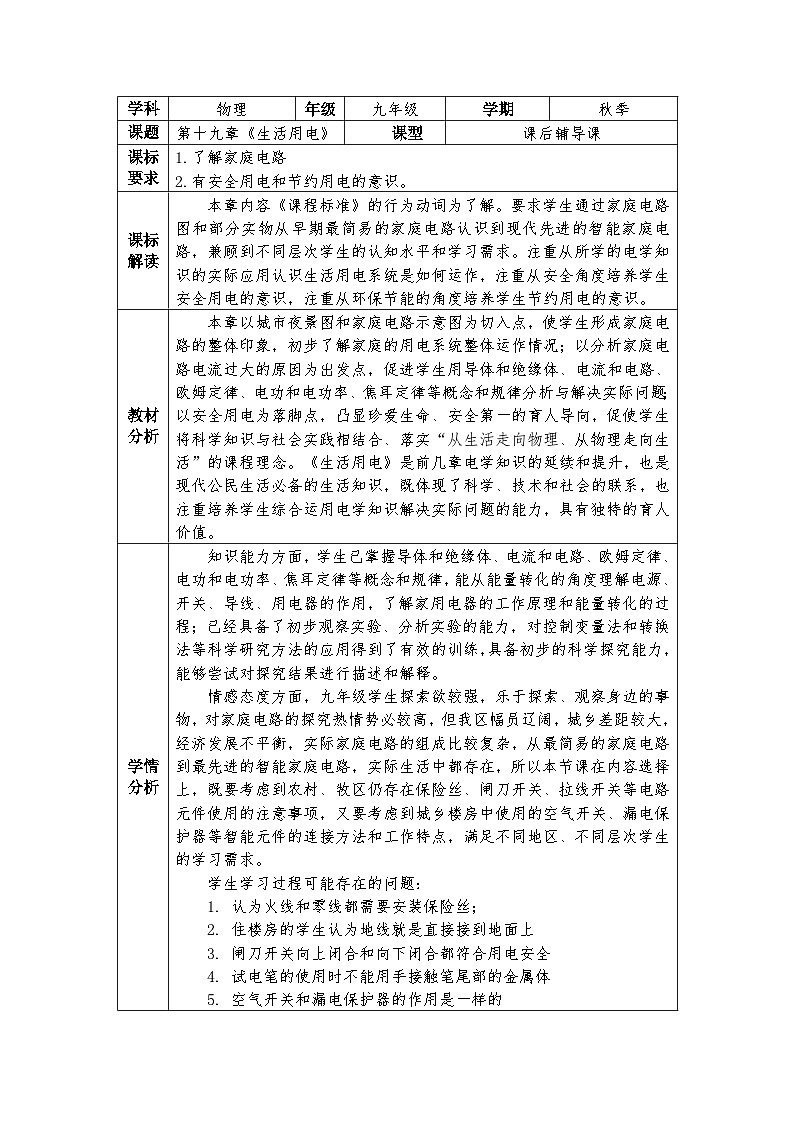 人教版（2024）初中物理九年级全册 第十九章 生活用电 教学设计（表格式）第1页