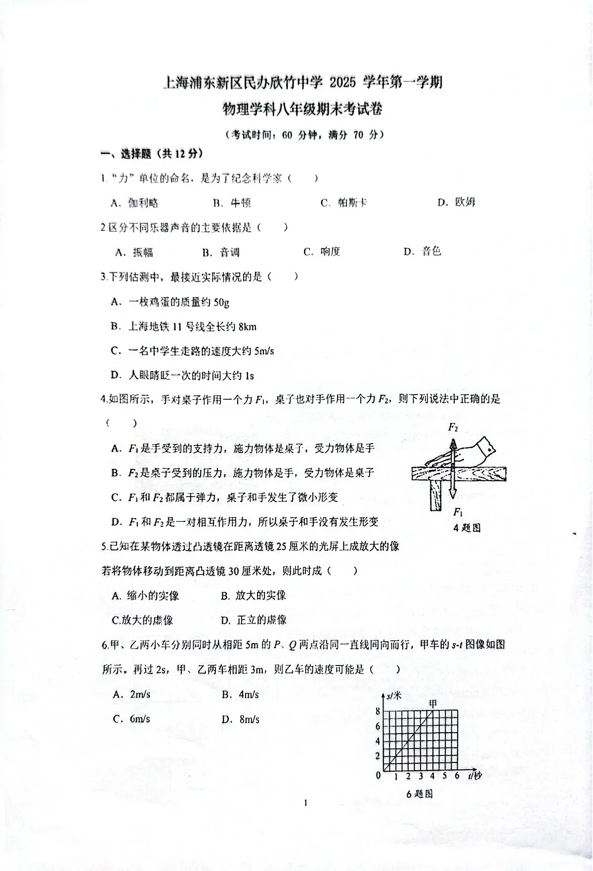 上海市浦东新区民办欣竹中学2025-2026学年八年级上学期期末物理考试卷第1页
