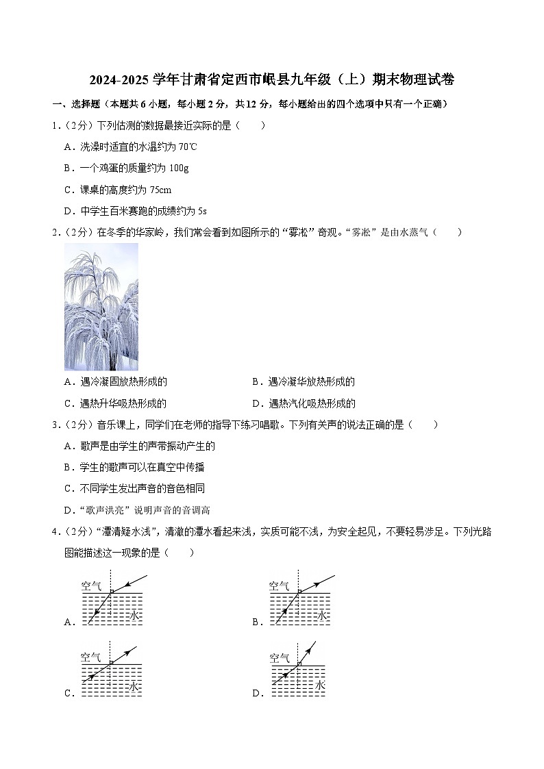 2024-2025学年甘肃省定西市岷县九年级（上）期末物理试卷(含详细答案解析)第1页