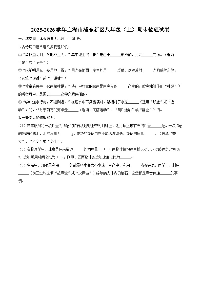 2025-2026学年上海市浦东新区八年级（上）期末物理试卷-自定义类型第1页