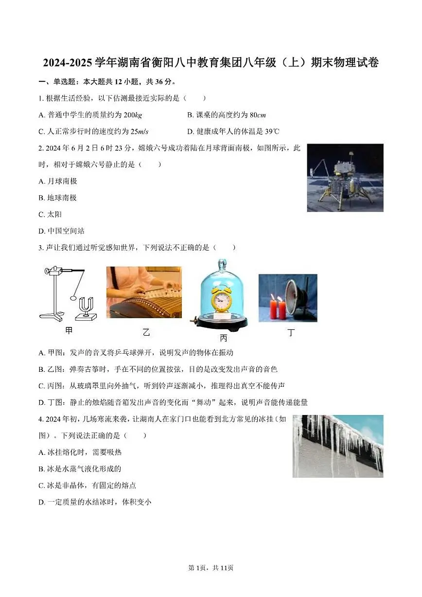 2024-2025学年湖南省衡阳八中教育集团八年级（上）期末物理试卷（有答案）第1页