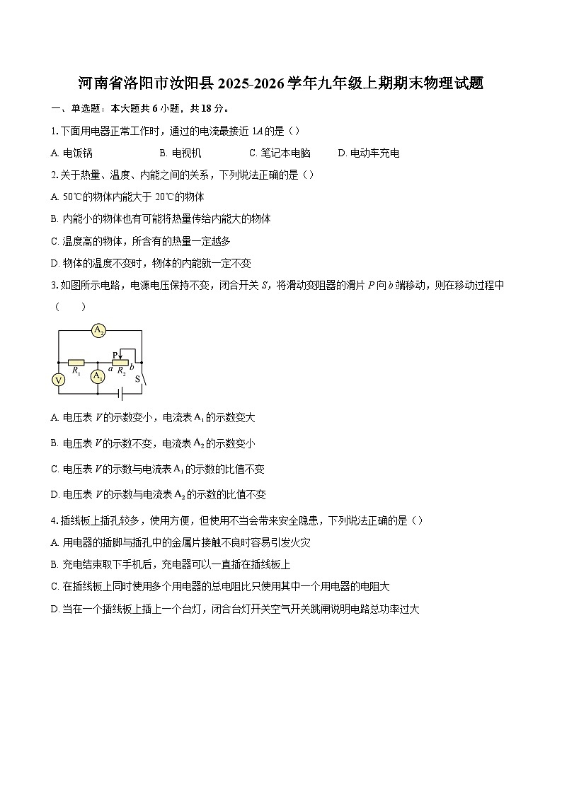 河南省洛阳市汝阳县2025-2026学年九年级上期期末物理试题-自定义类型第1页