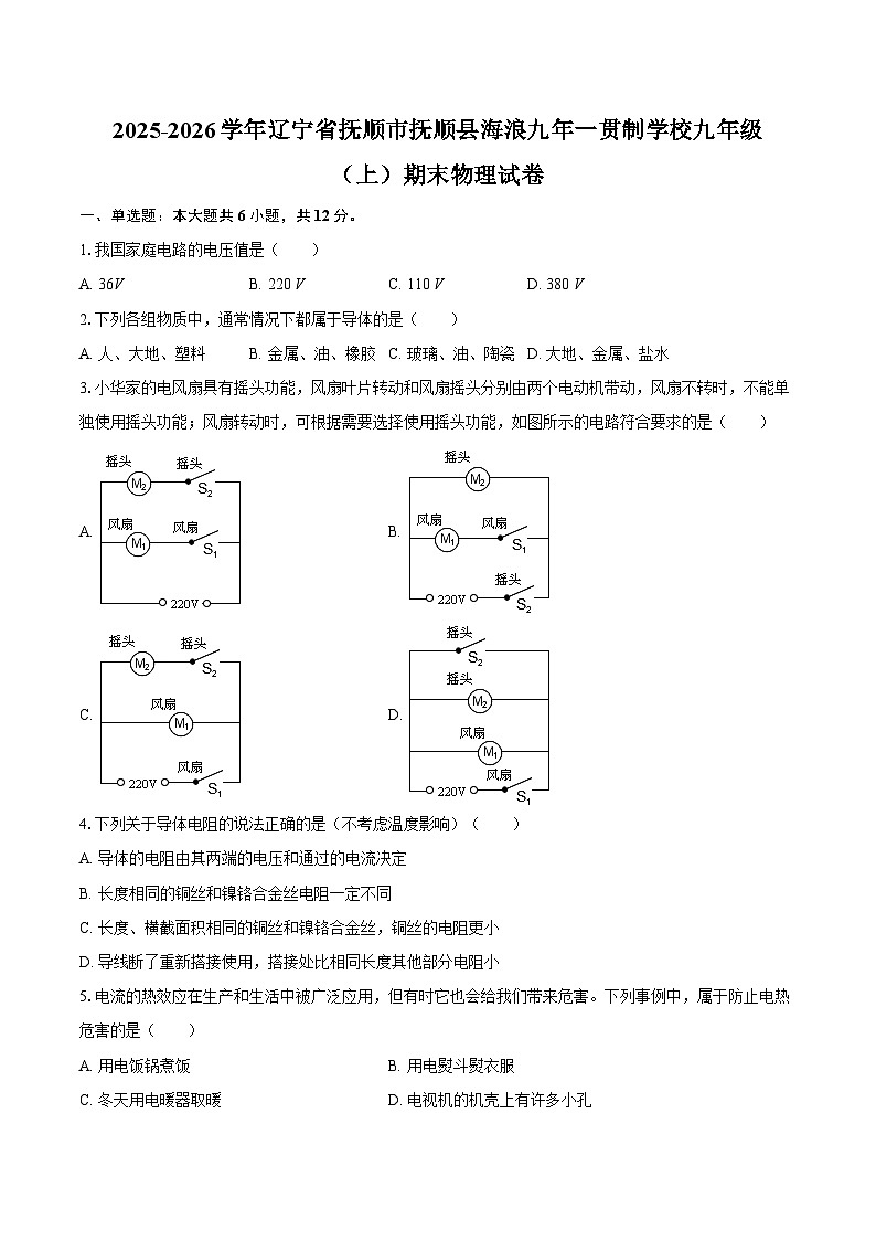 2025-2026学年辽宁省抚顺市抚顺县海浪九年一贯制学校九年级（上）期末物理试卷-自定义类型第1页