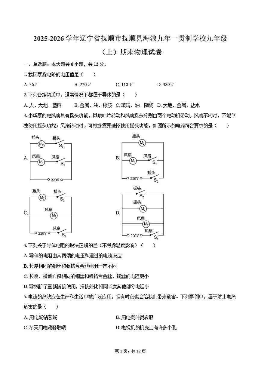 2025-2026学年辽宁省抚顺市抚顺县海浪九年一贯制学校九年级（上）期末物理试卷（含答案）第1页