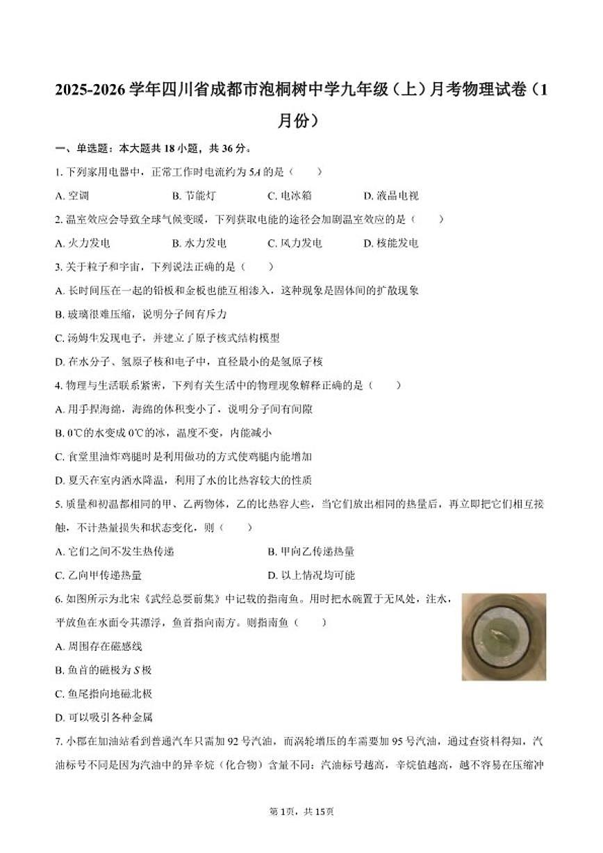 2024-2025学年四川省成都市泡桐树中学九年级（上）月考物理（1月份）试卷（含答案）第1页
