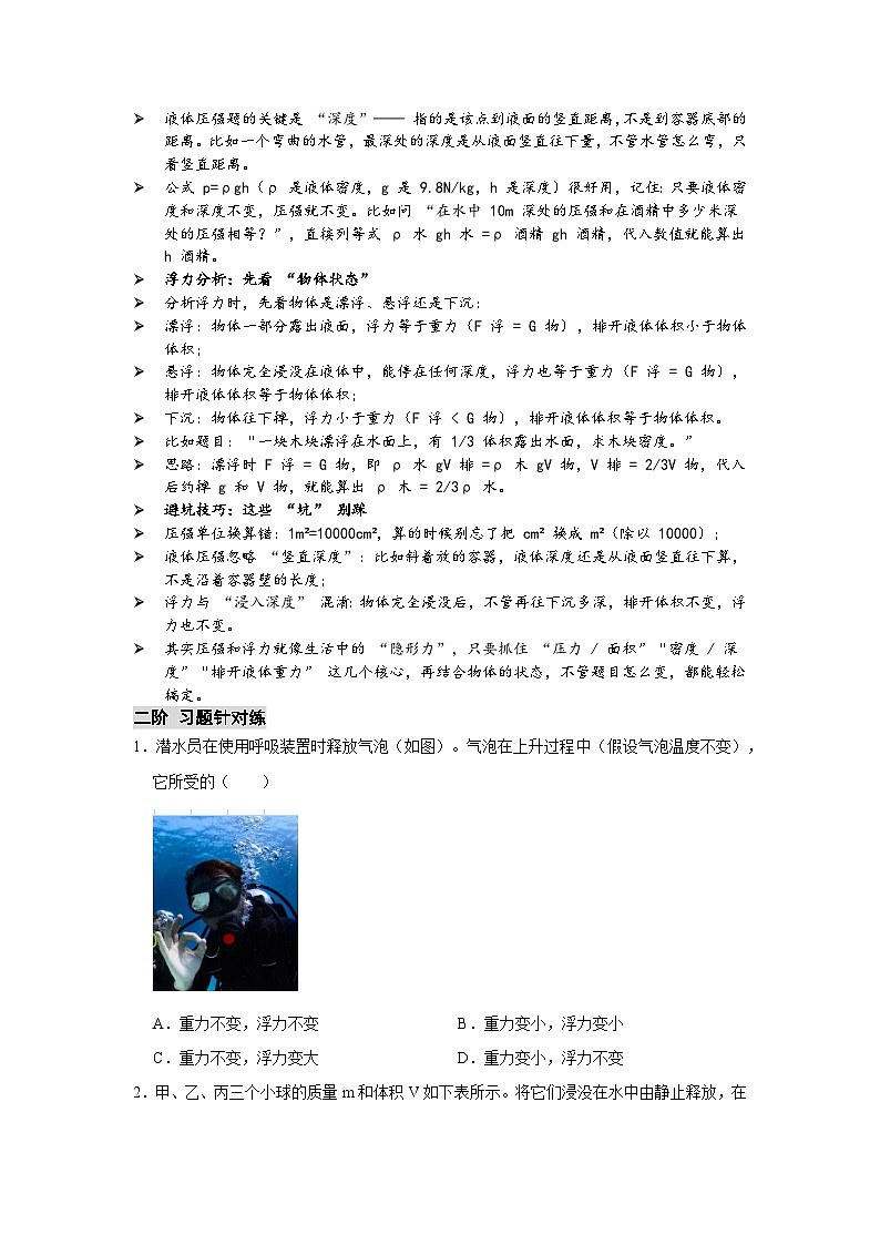 沪粤版 2024-2025 学年物理八年级下学期 专题六压强、浮力分析【课后 5 分钟 同步练】- 习题【含解析】第2页