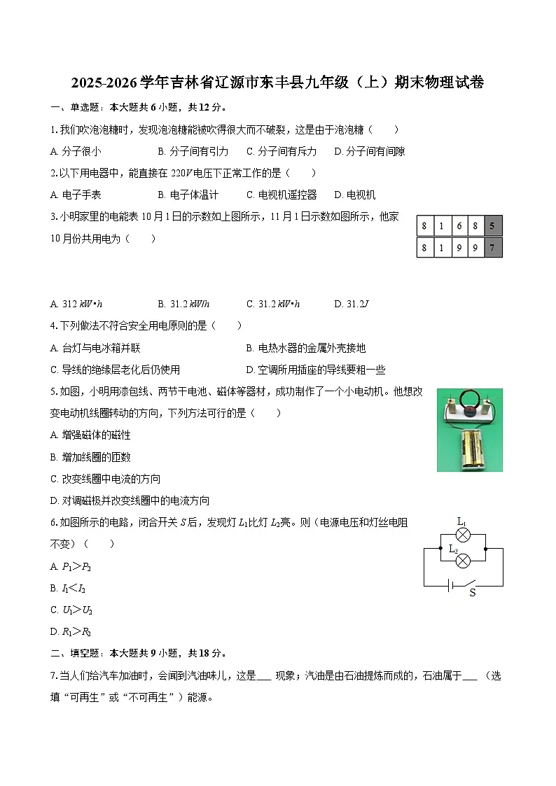 2025-2026学年吉林省辽源市东丰县九年级（上）期末物理试卷-自定义类型第1页
