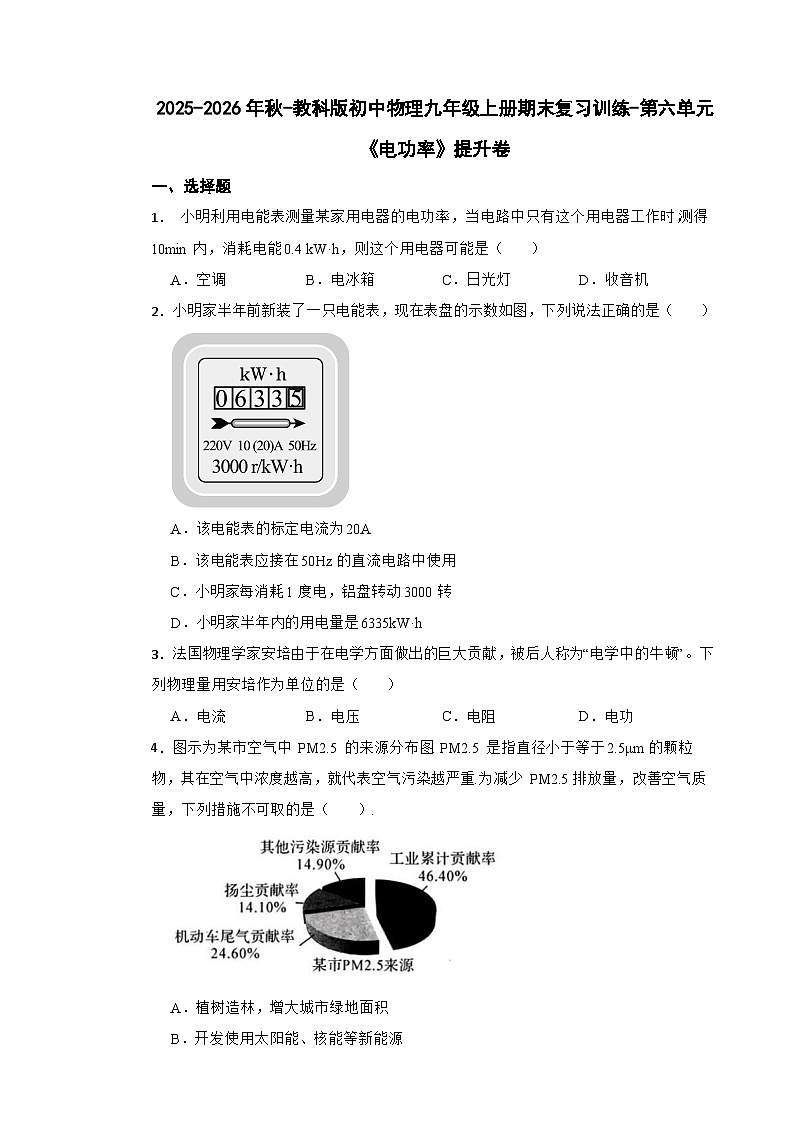 2025-2026年秋-教科版初中物理九年级上册期末单元复习测试-第六单元《电功率》提升卷第1页