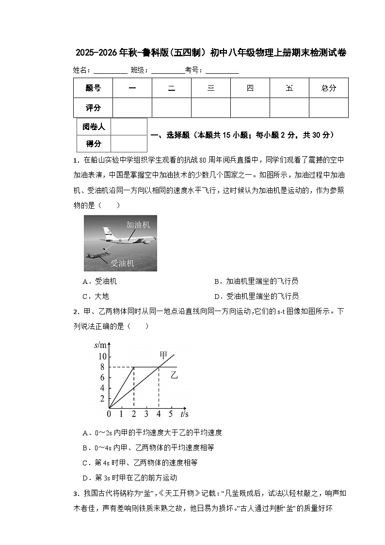 2025-2026年秋-鲁科版(五四制）初中八年级物理上册期末检测试卷第1页