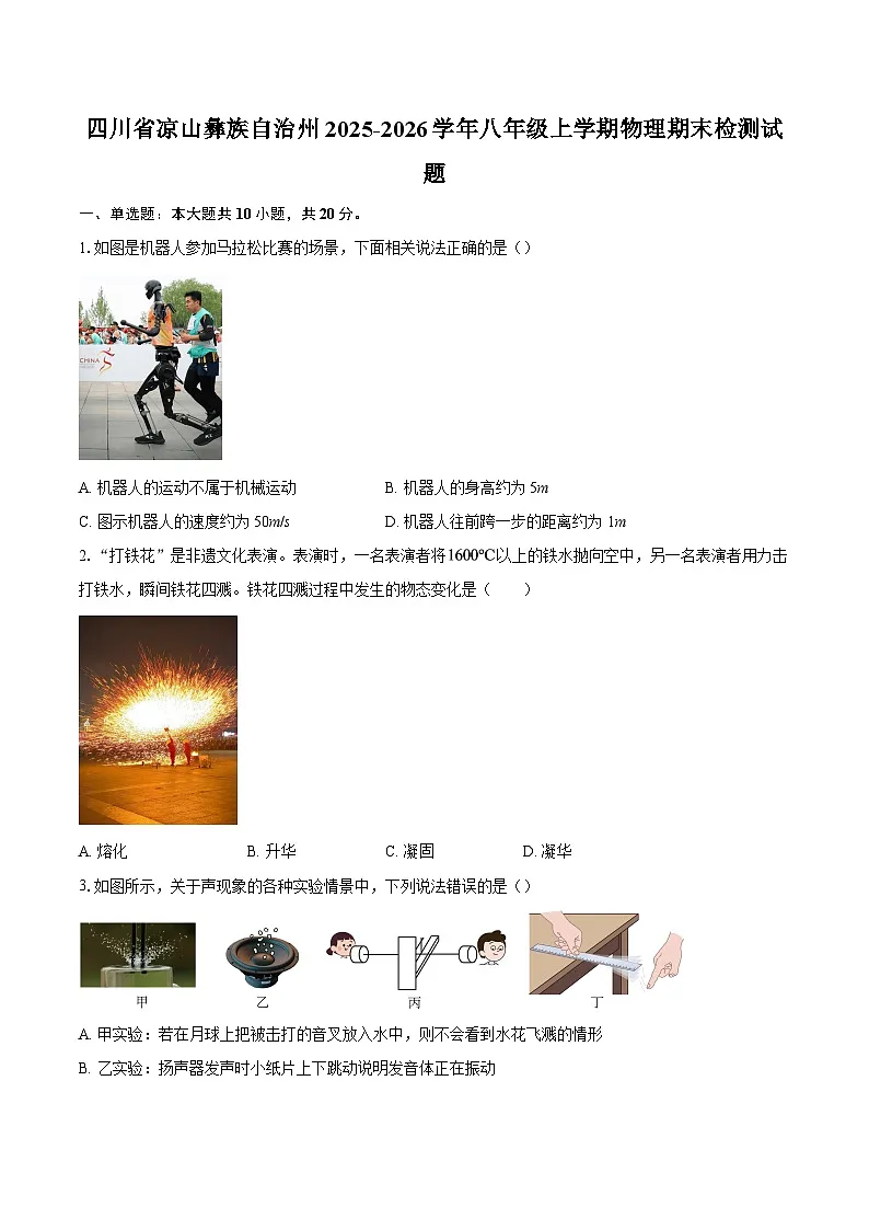 四川省凉山彝族自治州2025-2026学年八年级上学期物理期末检测试题-自定义类型第1页