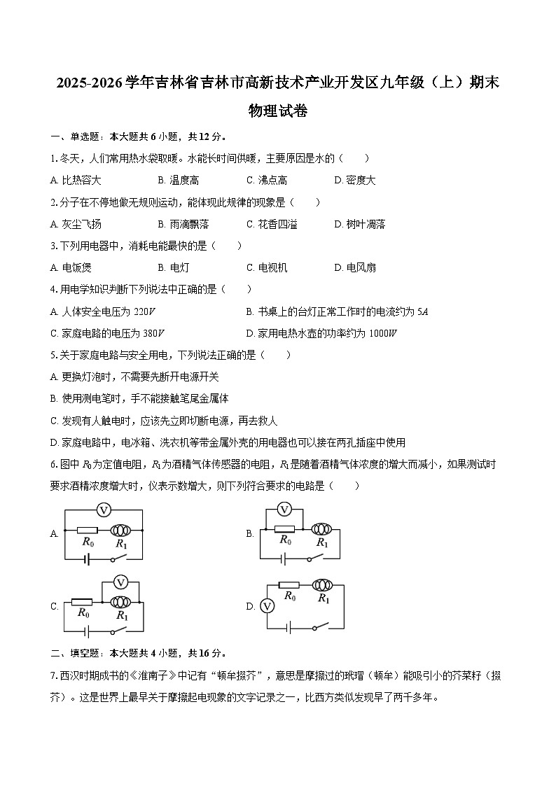 2025-2026学年吉林省吉林市高新技术产业开发区九年级（上）期末物理试卷-自定义类型第1页