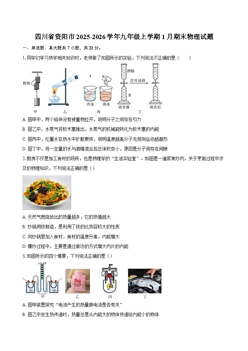 四川省资阳市2025-2026学年九年级上学期1月期末物理试题-自定义类型第1页