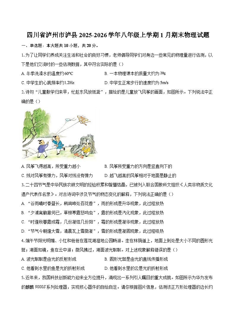 四川省泸州市泸县2025-2026学年八年级上学期1月期末物理试题-自定义类型第1页