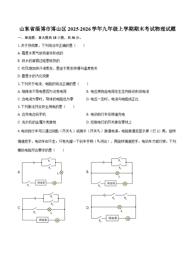 山东省淄博市博山区2025-2026学年九年级上学期期末考试物理试题-自定义类型第1页