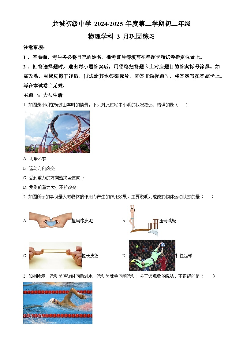 广东省深圳市龙岗区龙城高级中学（教育集团）龙城初级中学八年级下学期期中考试物理试题（原卷版）-A4第1页