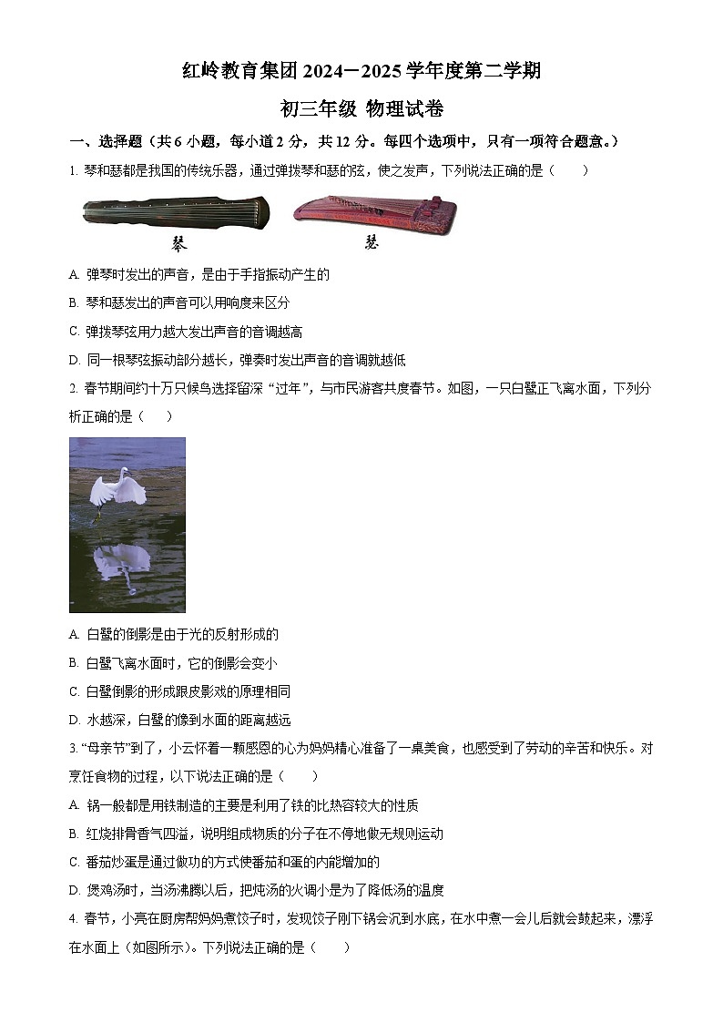 2025年广东省深圳市福田区红岭中学中考一模物理试题-A4第1页