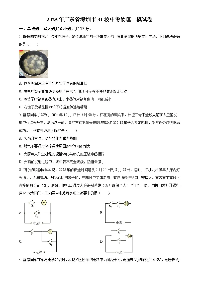 2025年广东省深圳市31校中考一模物理试题（原卷版）-A4第1页