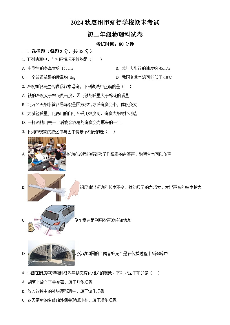 广东省惠州市惠阳区惠州市知行学校八年级上学期期末考试物理试题（原卷版）-A4第1页