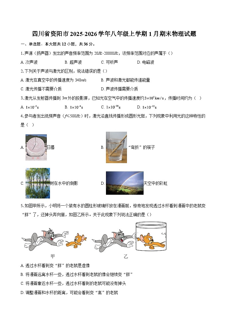 四川省资阳市2025-2026学年八年级上学期1月期末物理试题-自定义类型第1页