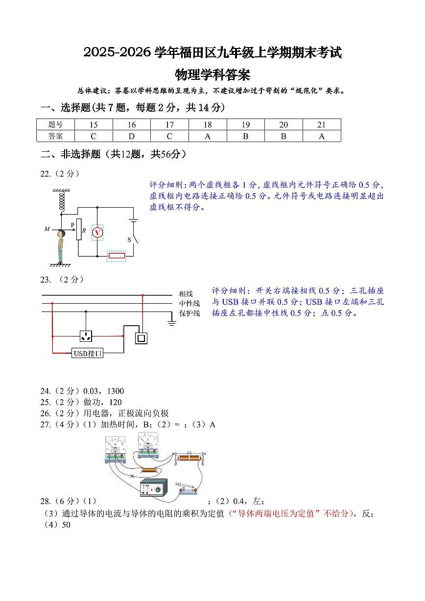 深圳市福田区2025-2026学年九年级上学期物理期末试卷（答案）第1页