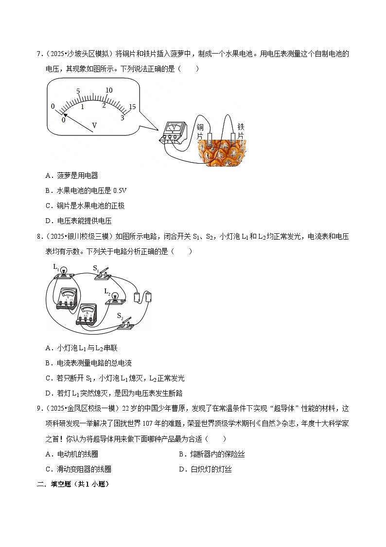 2025年宁夏各地市中考物理模拟试题分类精选考点16  电压  电阻（Word版附解析）第3页