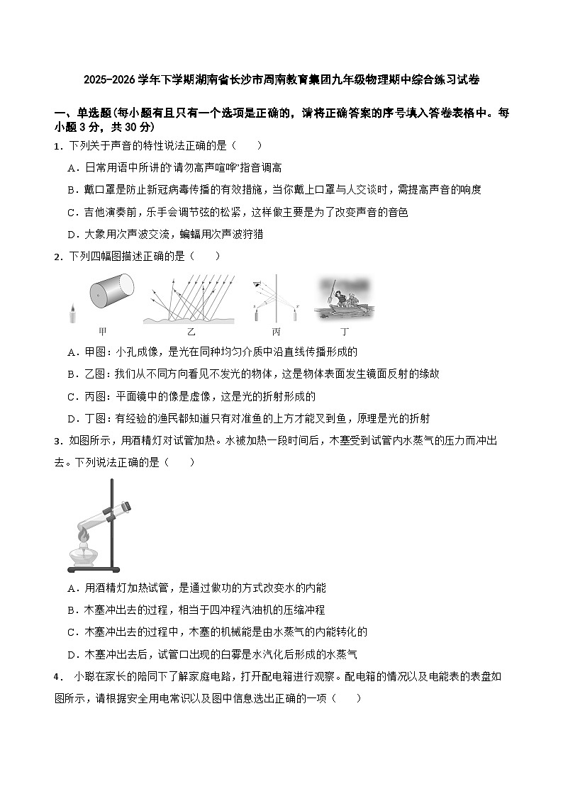 2025-2026学年下学期湖南省长沙市周南教育集团九年级物理期中综合练习试卷第1页