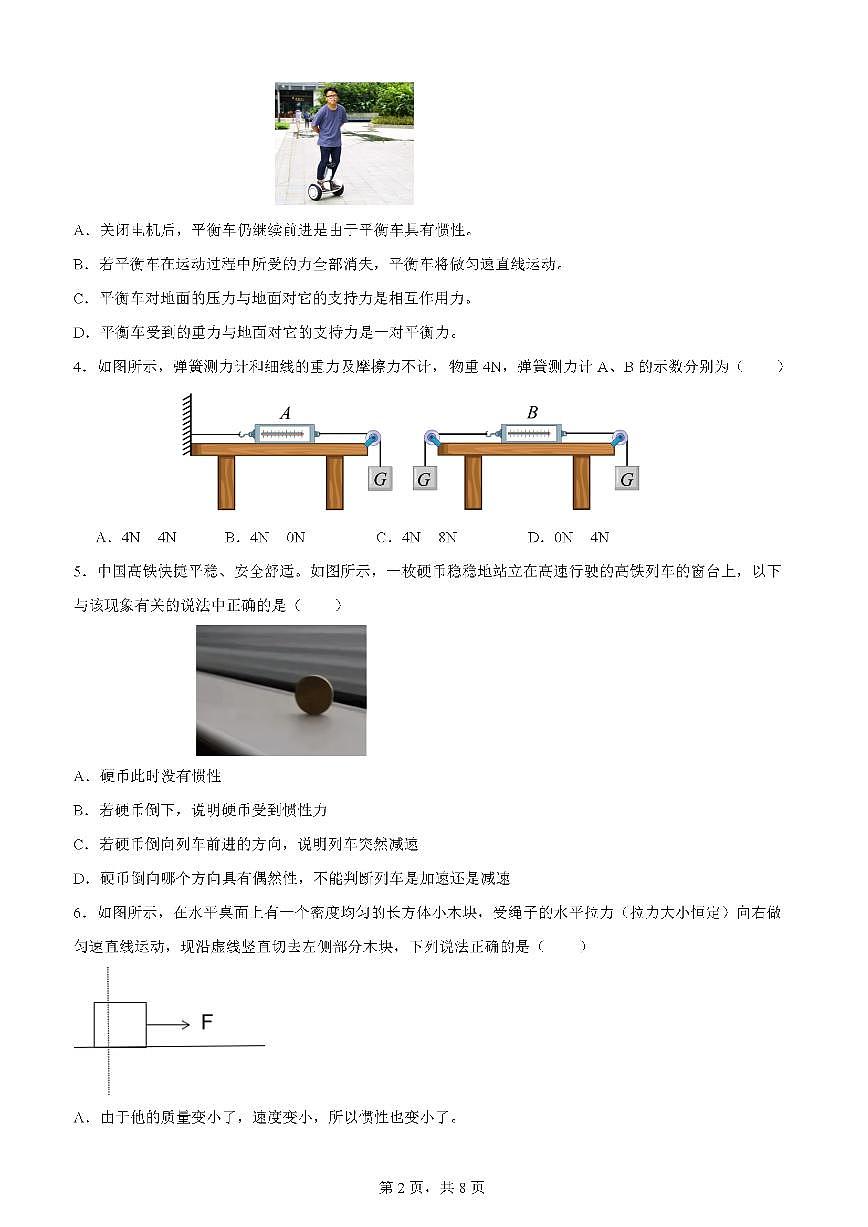 广东省深圳市南方科技大学附属实验学校2024-2025学年八年级下学期第一次月考调研考试物理试卷第2页
