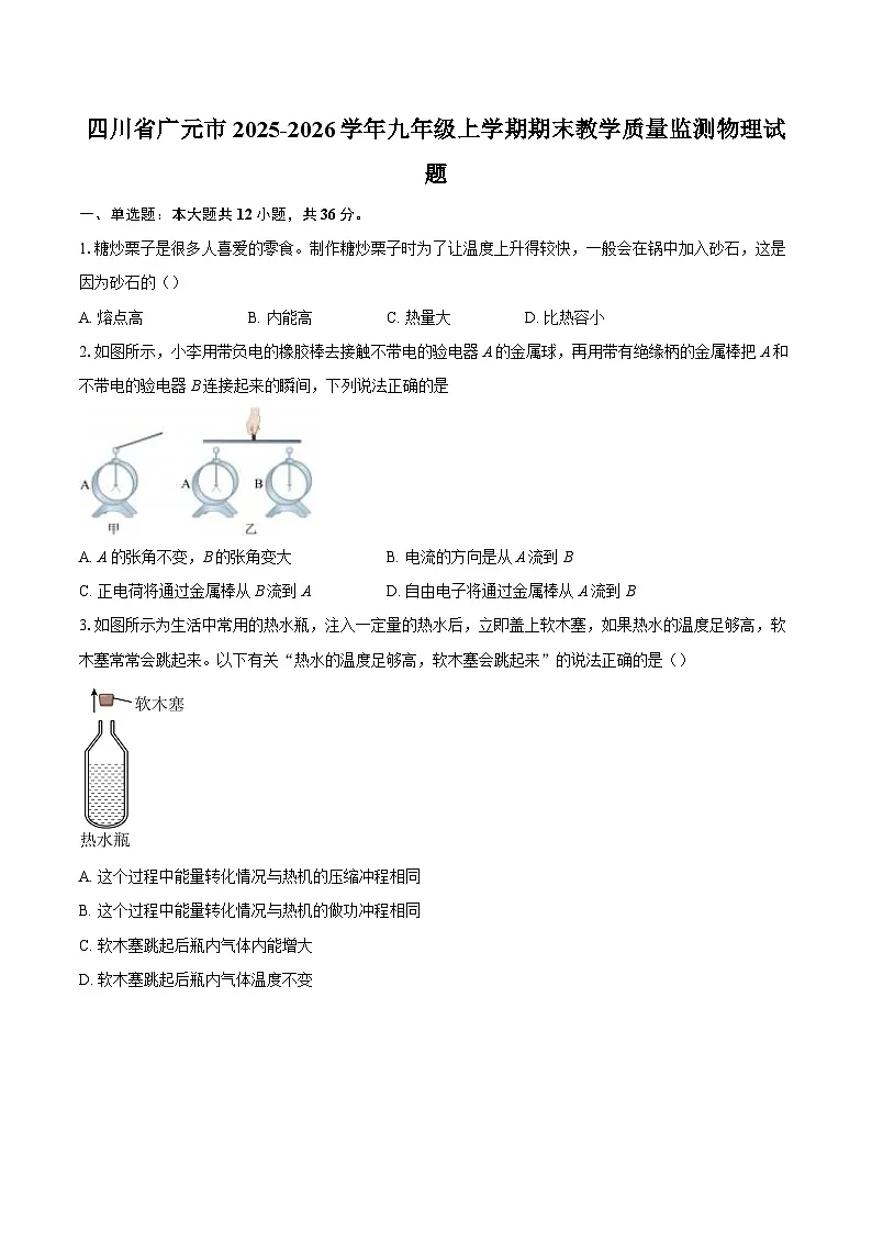 四川省广元市2025-2026学年九年级上学期期末教学质量监测物理试题-自定义类型第1页