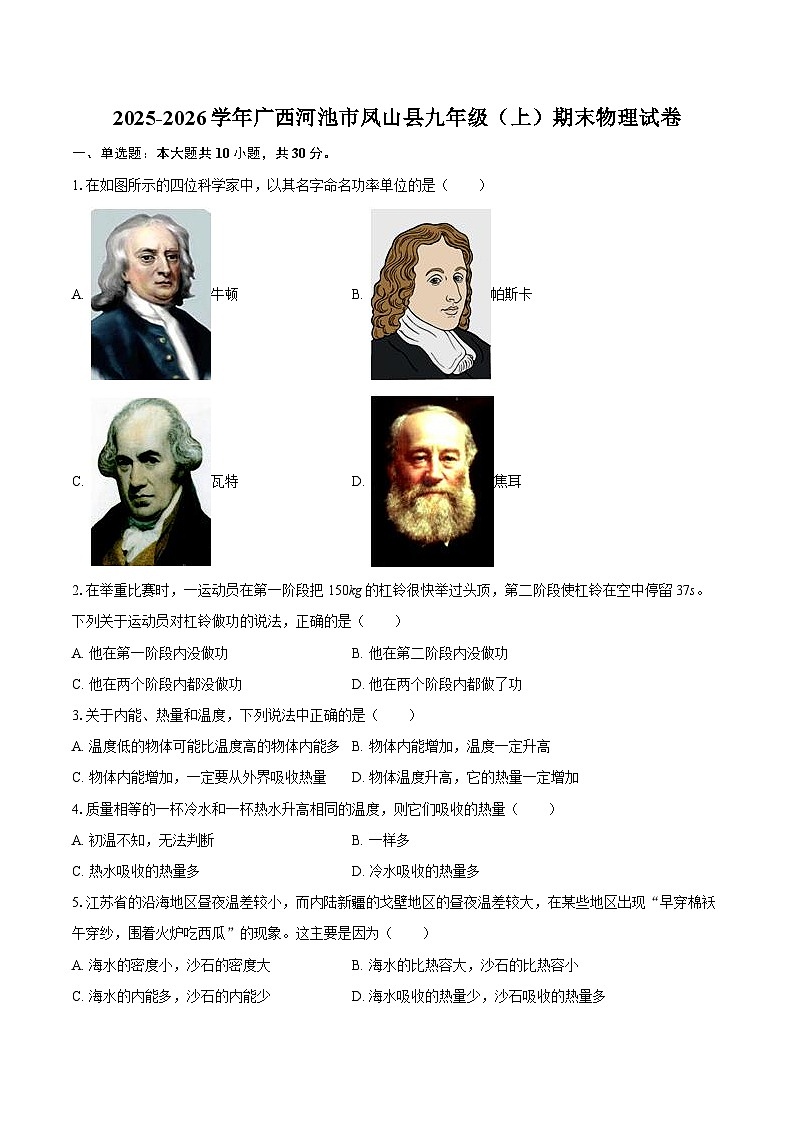 2025-2026学年广西河池市凤山县九年级（上）期末物理试卷-自定义类型第1页