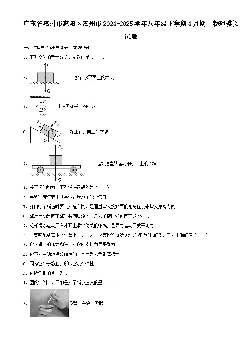 广东省惠州市惠阳区惠州市八年级下学期4月期中物理模拟试题（练习卷）-A4第1页