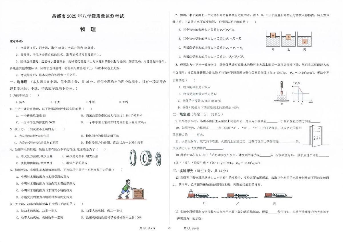 西藏自治区昌都市2024-2025学年八年级下学期期末质量监测物理试卷（含答案）第1页