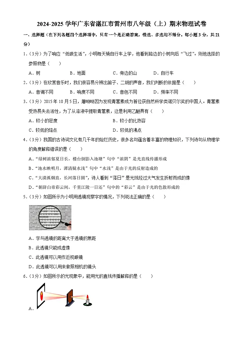 广东省湛江市雷州市八年级上学期1月期末物理试题-A4第1页