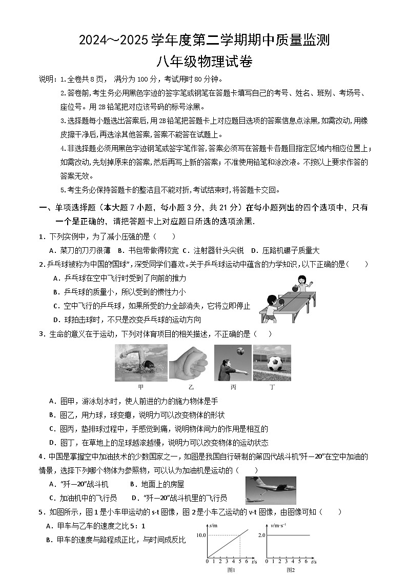 广东茂名市茂南部分学校八年级下学期期中质量监测物理试题-A4第1页
