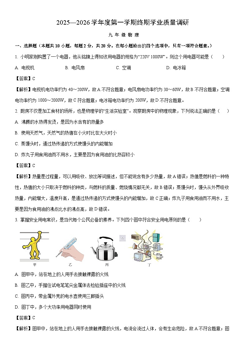 2025-2026学年河北省秦皇岛市抚宁区九年级上学期1月期末物理试卷（解析版）第1页