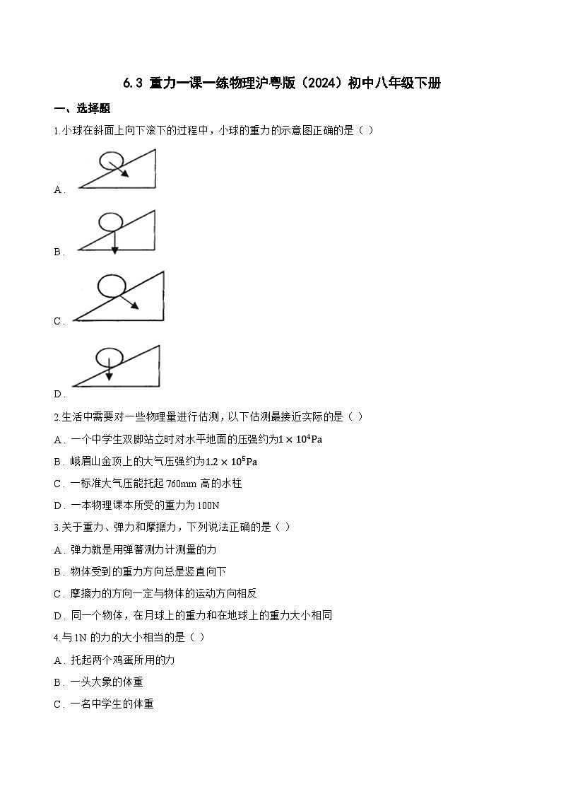 6.3 重力一课一练物理沪粤版（2024）初中八年级下册(无答案)第1页