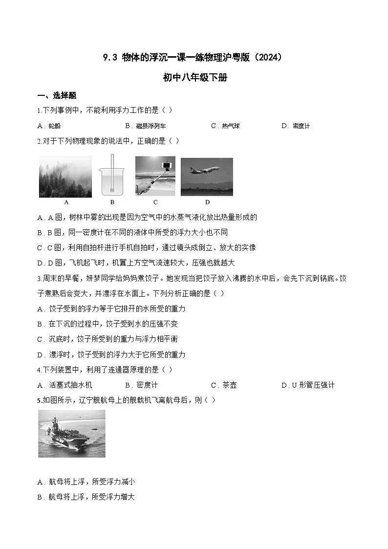 9.3 物体的浮沉一课一练物理沪粤版（2024）初中八年级下册(无答案)第1页