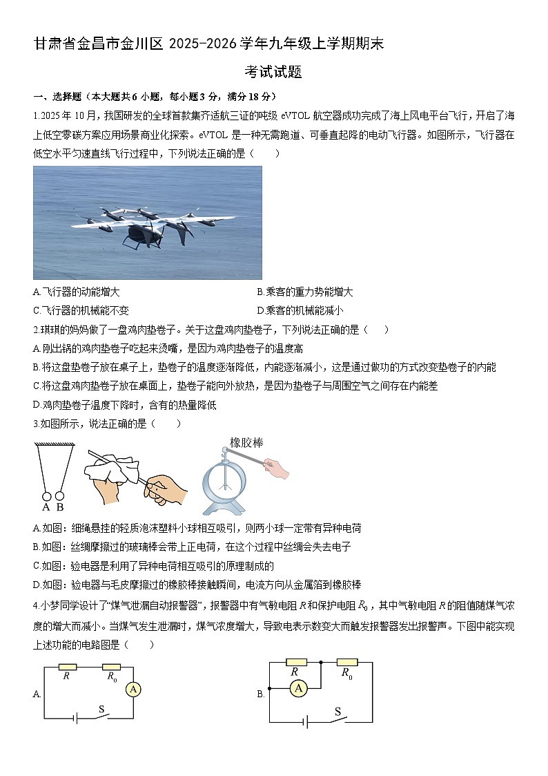 2025-2026学年甘肃省金昌市金川区九年级上学期期末考试 物理试卷（学生版）第1页