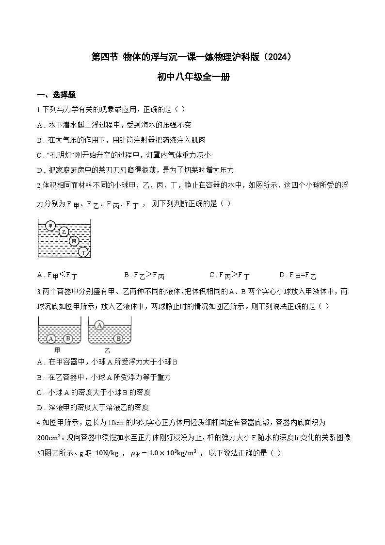 第四节 物体的浮与沉一课一练物理沪科版（2024）初中八年级全一册(无答案)第1页
