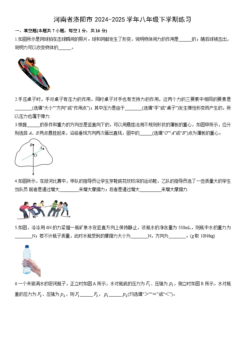 2024-2025学年河南省洛阳市八年级下学期期末练习物理试卷（学生版）第1页