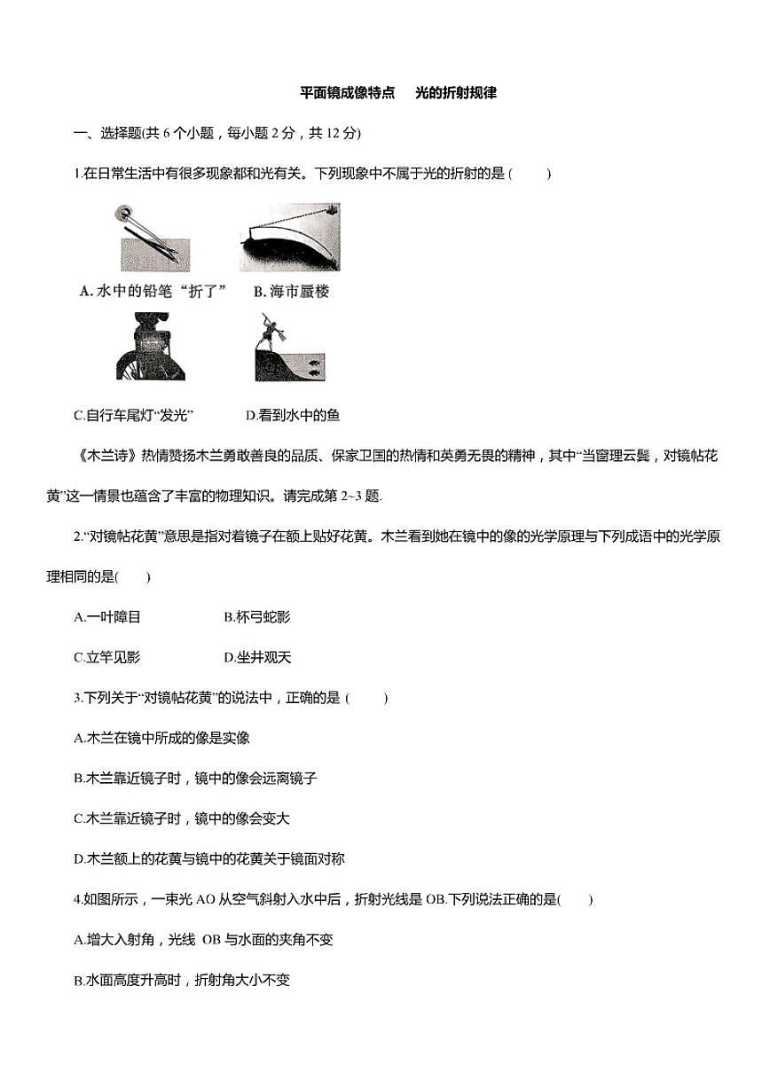 期末复习：平面镜成像特点光的折射规律（含解析）2025—2026学年沪粤版八年级物理上册第1页